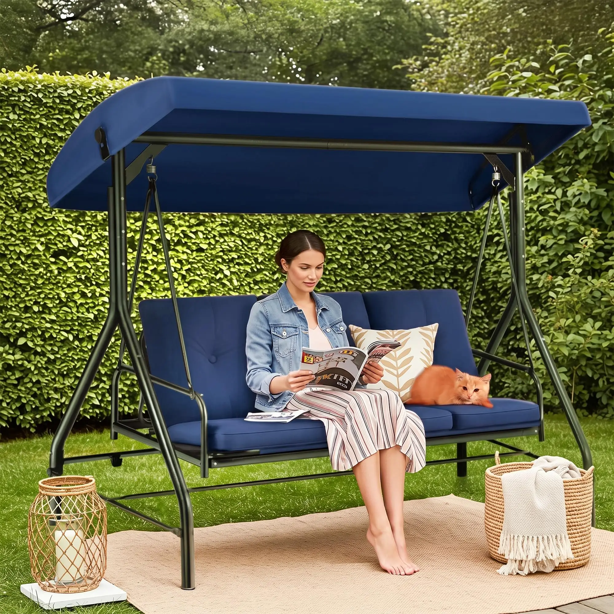 3 Seat Outdoor Patio Swing with Canopy, Convertible Glider Bed, Cushions