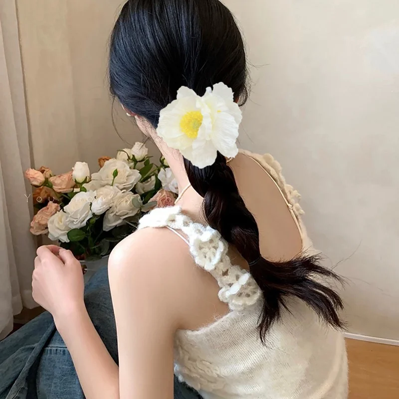 Colorful Handmade Camellia Flower Hair Ties Floral Hair Bows Elastics Rubber Bands Fancy Hair Ribbons Ponytail Holders