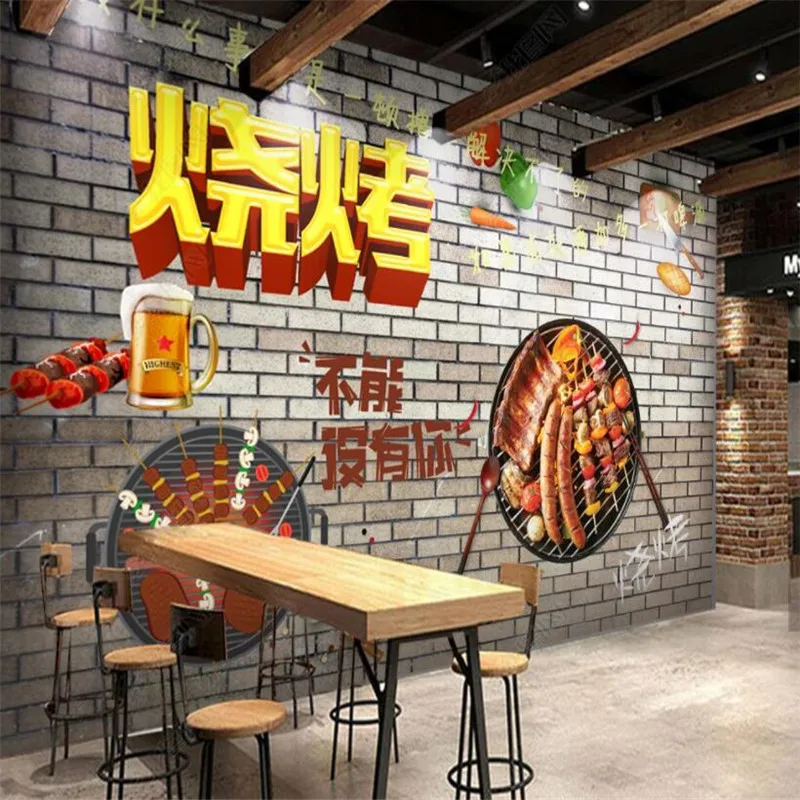 

Custom Retro Brick Hand-painted Barbecue Fast Food Restaurant 3D Wall Paper Industrial Decor Mural Wallpapers Papel De Parede