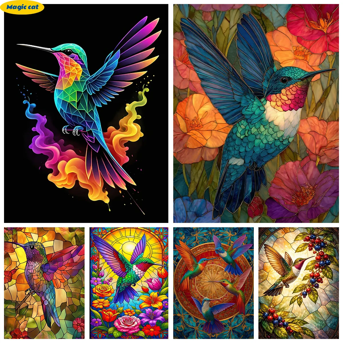 

Glass-style hummingbird pictures 5D Diamond Painting Cute Little bird DIY Diamond Embroidery Geometry Room Wall Decor Home Decor
