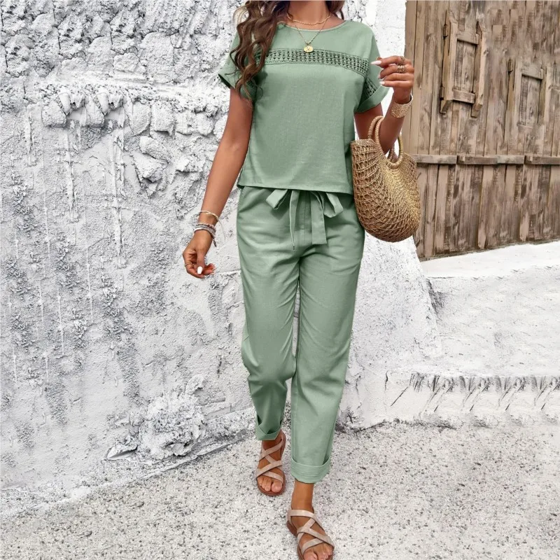 Casual Temperament Pant Sets Pure Colour Cotton Linen Ladies Short Sleeve Trousers Suit Summer Hot Fashion T-shirt Suit New 2024