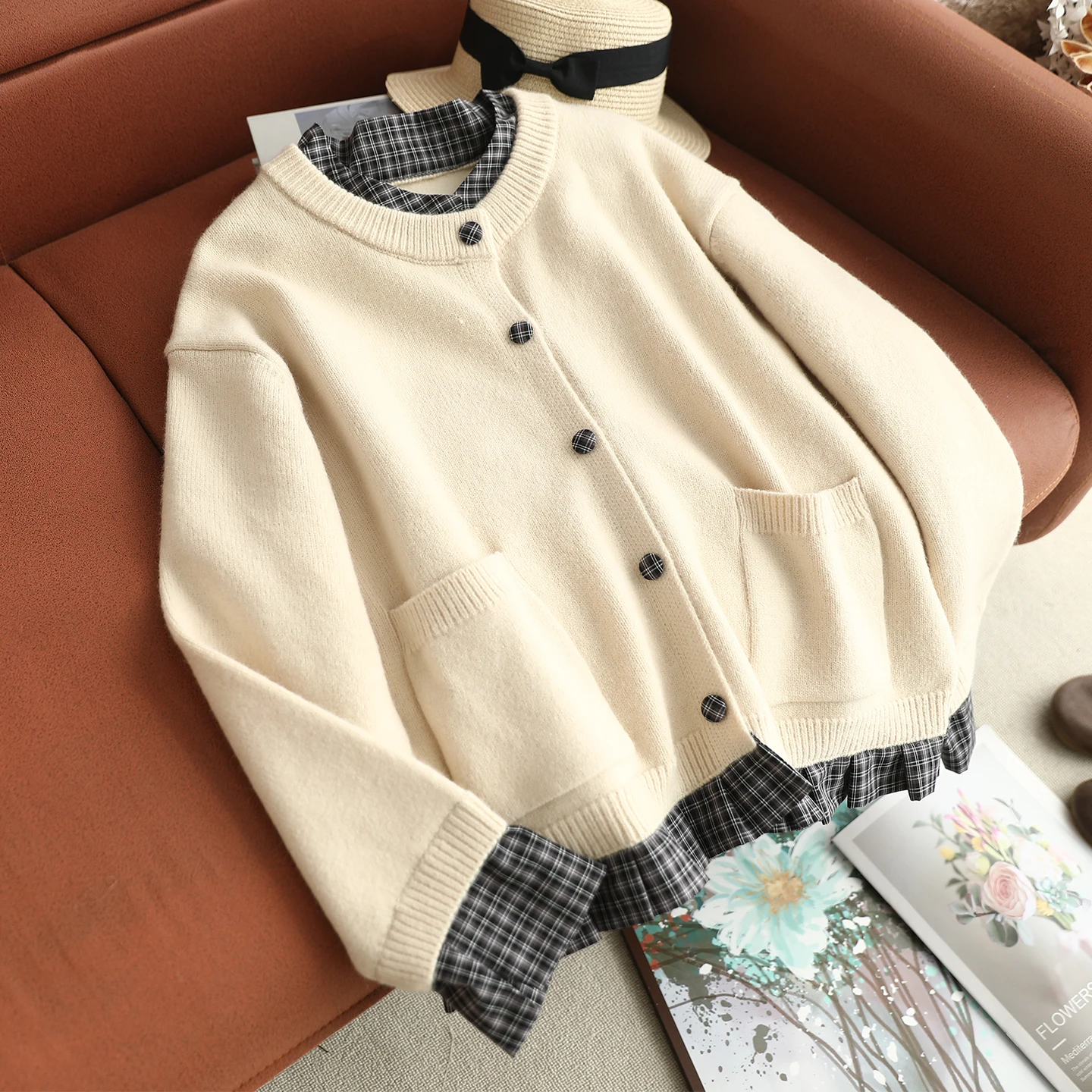 

Japanese Vintage Mori Girl Plaid Patchwork Fake Two Pieces Knitted Cardigan Women Autumn Stand Collar Long Sleeve Sweater Coat