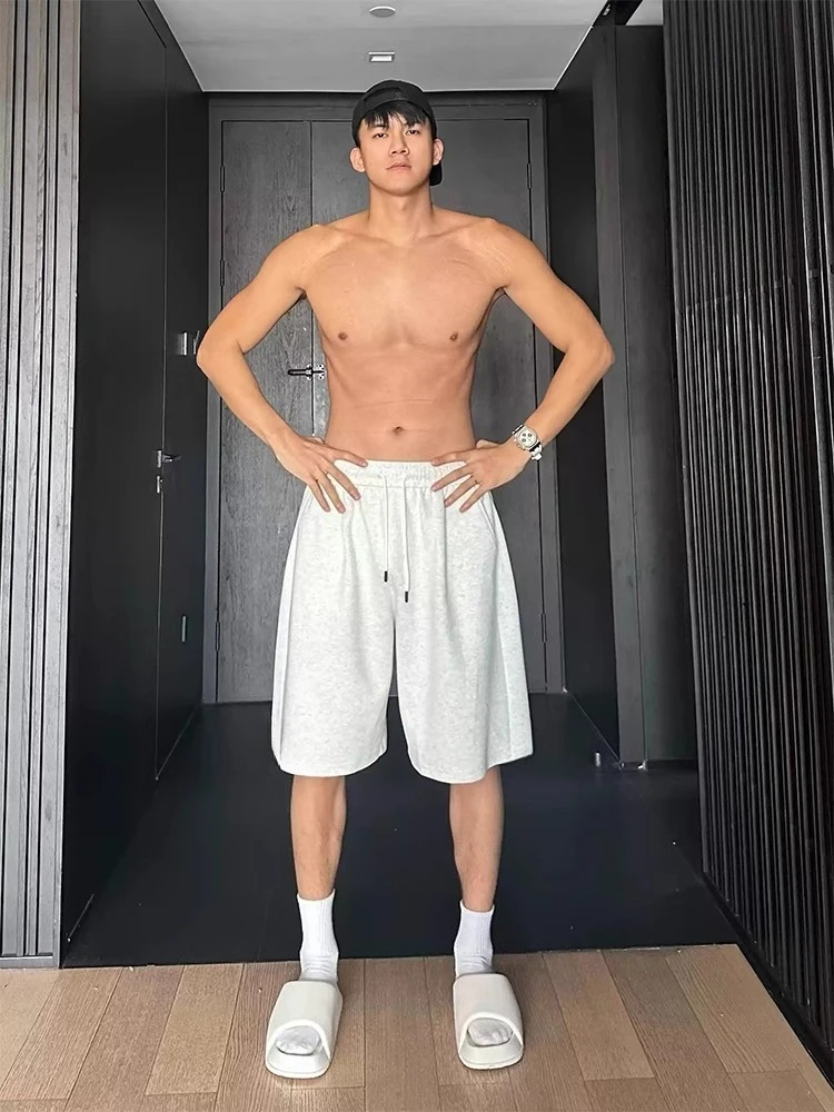 

White Grey Sports Shorts Men's Summer Versatile Trendy Brand Loose Fit Pure Cotton Straight Leg Casual Five Quarter Pants