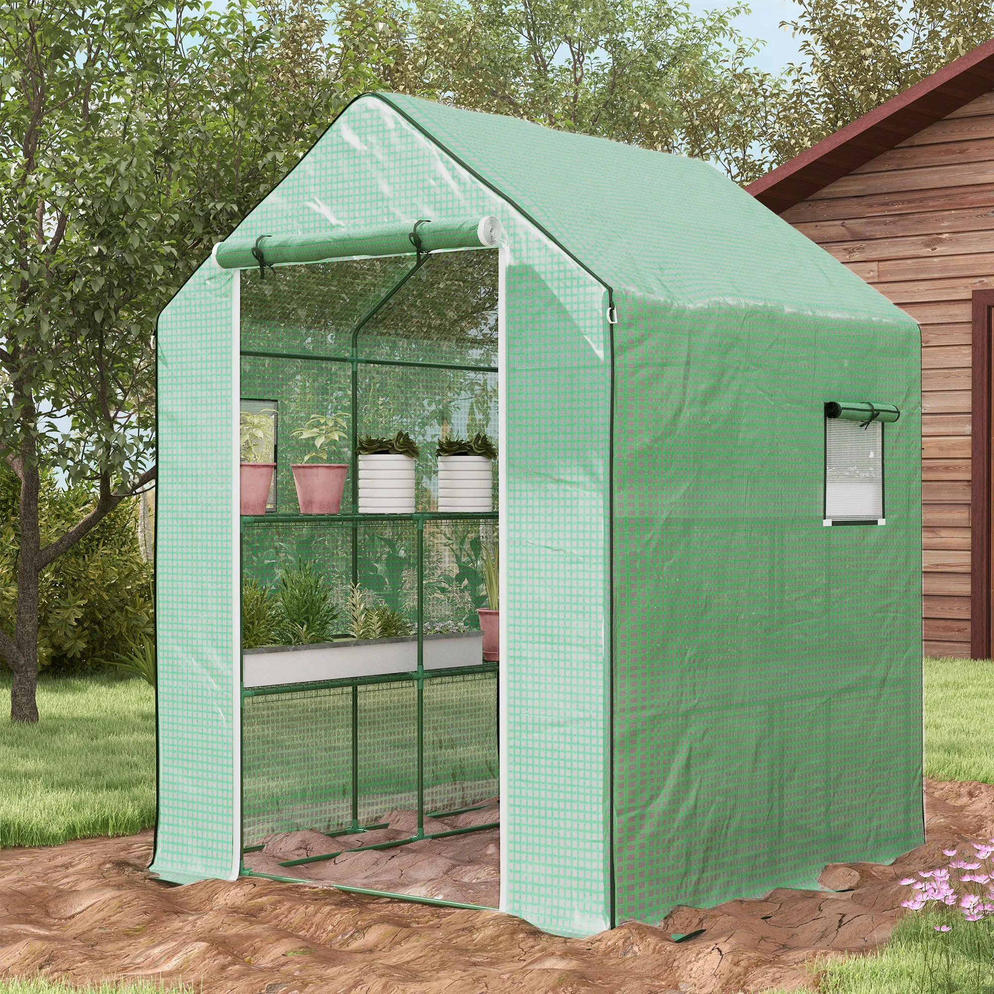 4.6x4.7ft Portable Greenhouse, Walk-in with 2-Tier U-Shaped Shelves, Roll-Up Door & Windows, Water/UV Resistant, Green