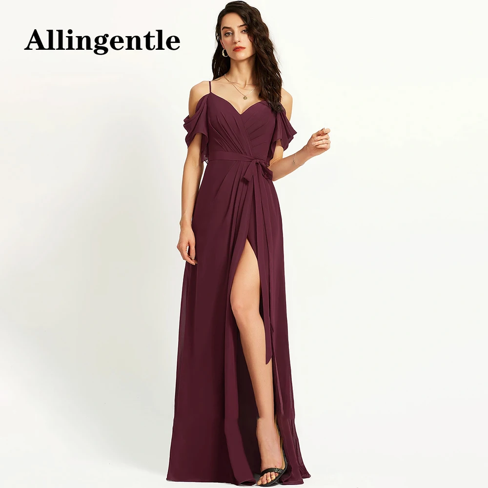 Allingentle Elegant Bridesmaid Dresses Spaghetti Straps V-Neck Maid Of Honor Gown Ruffles Sleeve A-Line Side Slit Evening Gowns