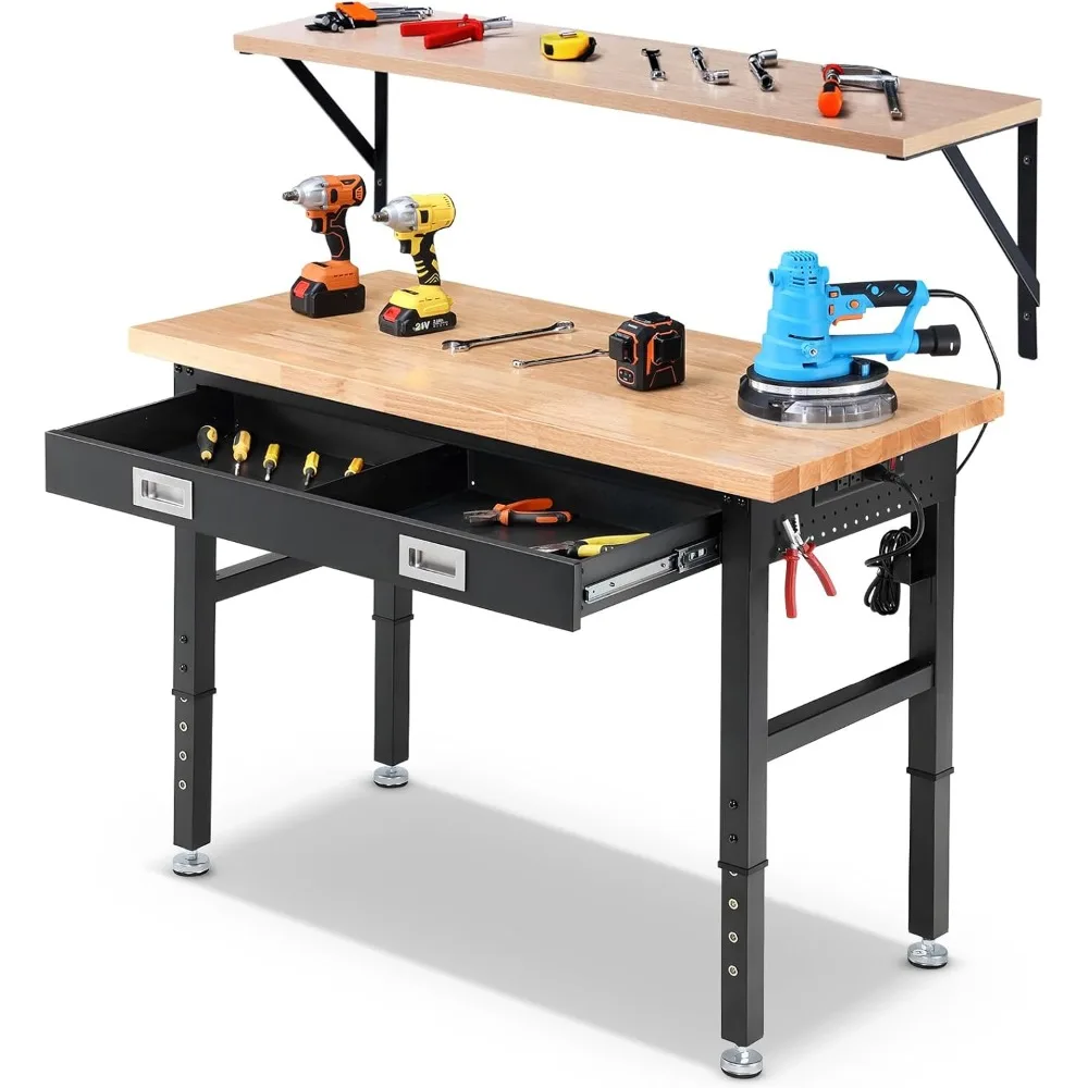

Work Bench with Storage Adjustable Workbenches with Drawers for Garage 48 Inch Rubber Wood Top Garage Workbench