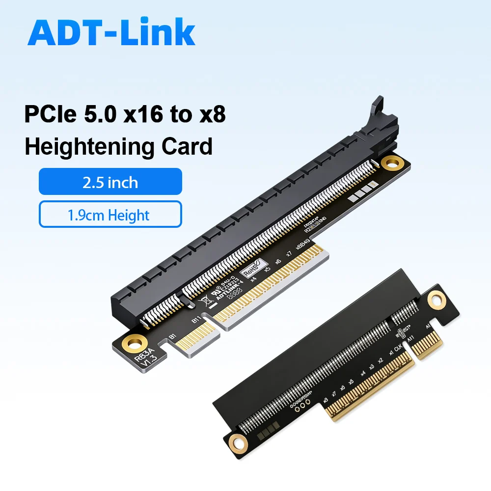 

ADT-Link PCIe 5.0 x16 to x8 Riser Card 1.9cm Height Gen5 256Gbps Test & Protection Adapter for Motherboard PCIe Slot Heightening