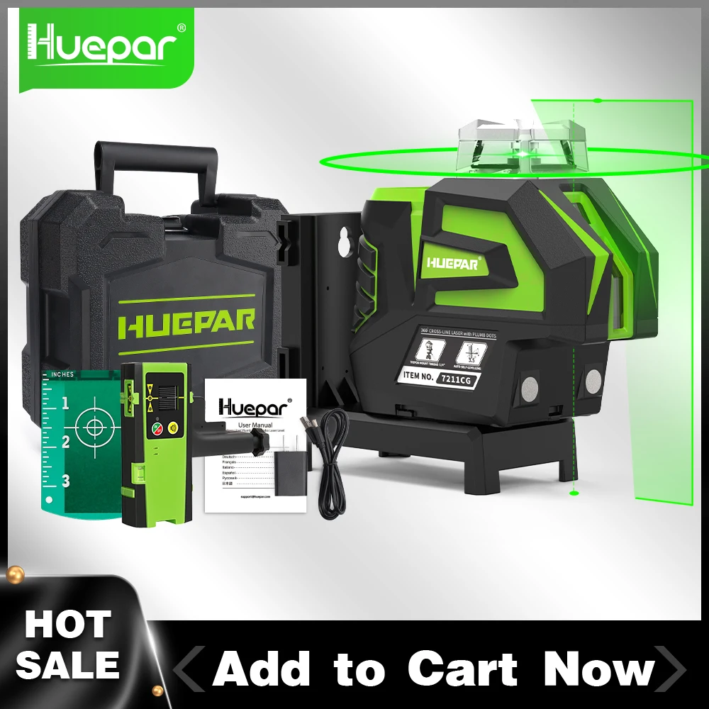 Huepar-laser Verde Nível Ferramenta Auto-nivelamento Cruz Linha Plumb Dots Li-ion Bateria 360 ° Linha Horizontal Fan Angle 7211cg