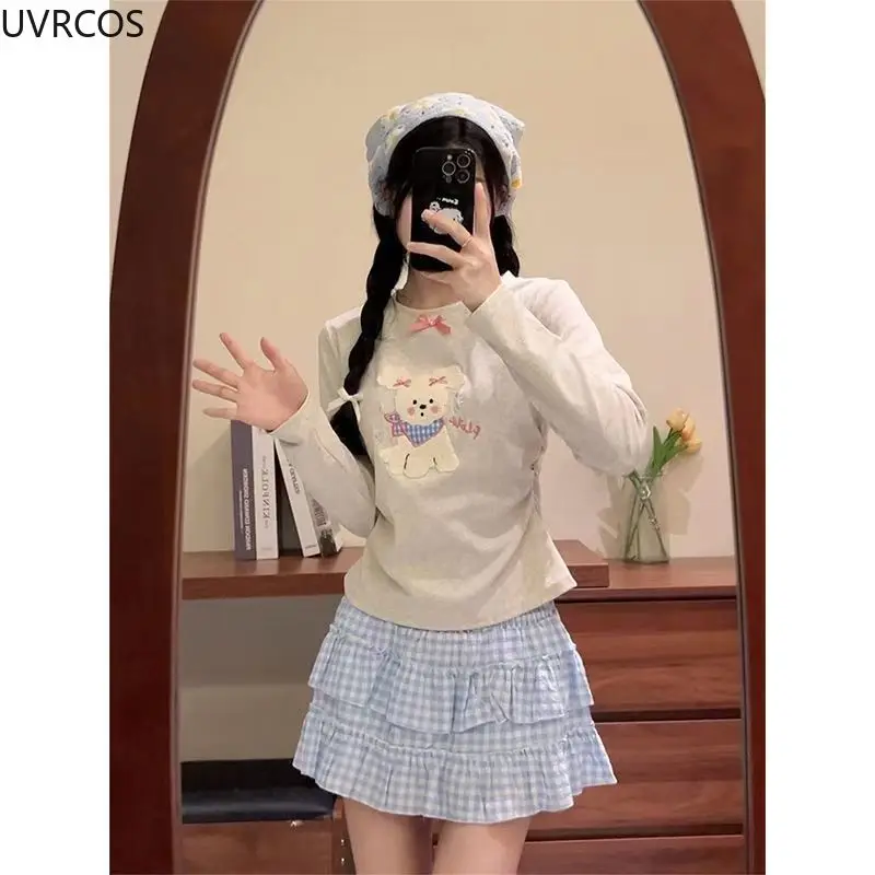 Japanese Patchwork Cartoon Bear Embroidery Lolita T-shirt Harajuku Slim Fit Kawaii Cute Sweet Top Women Y2k Aesthetic Fairy Tees