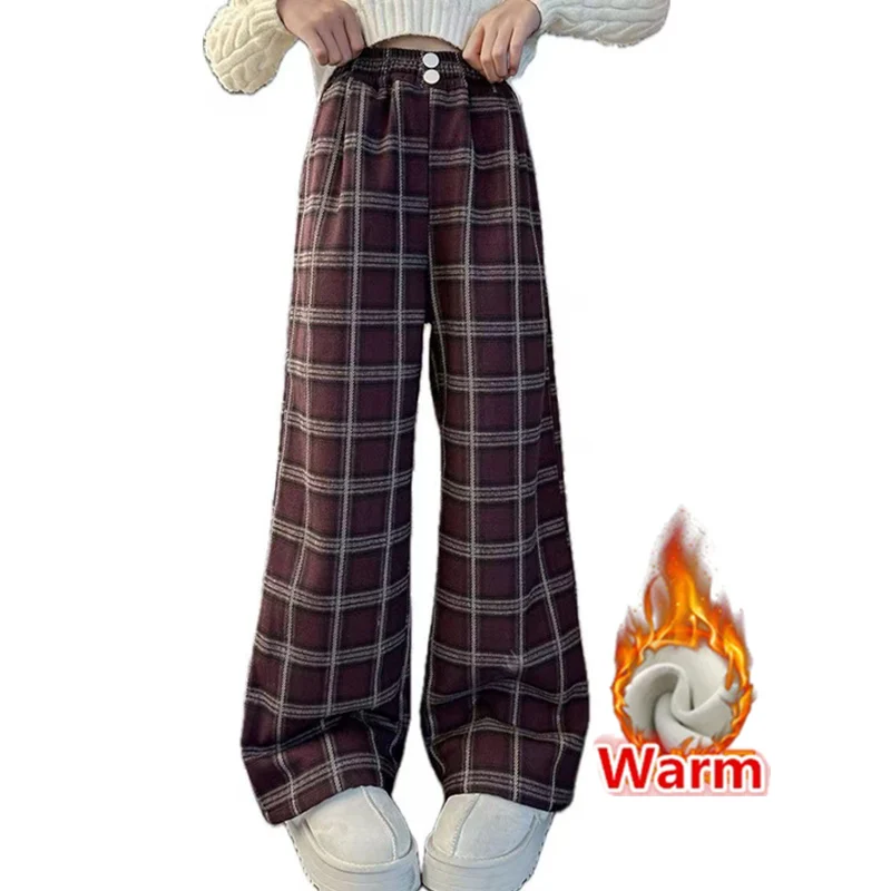 

Fashion Kids Girl Winter Fleece-lined Thickened New Plaid Pants Child High Waist Casual Thick Tall Trousers With Button For Teen