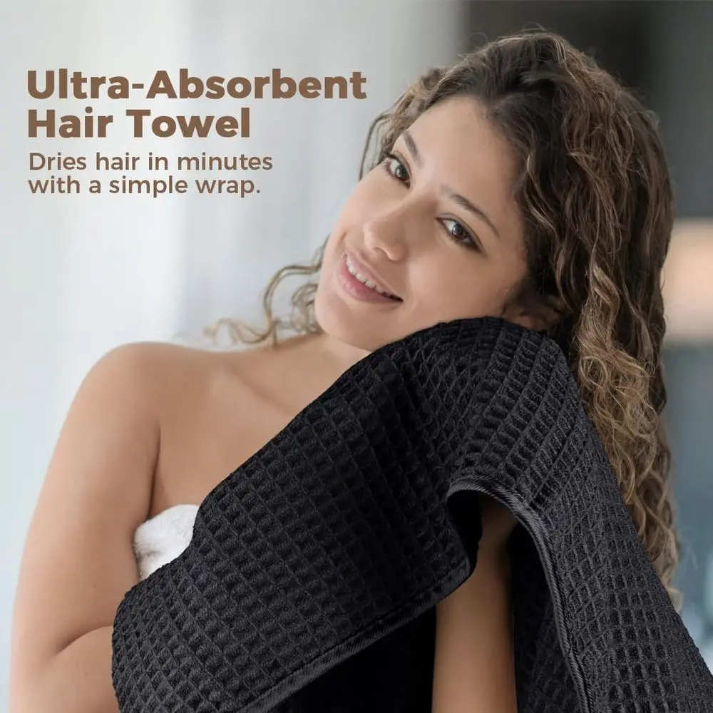 2 Pack Large Microfiber Hair Towels - 40 x 26.5 for Long, Thick, Curly Hair - Anti-Frizz Wrap with Elastic Strap, Black/Grey view 4