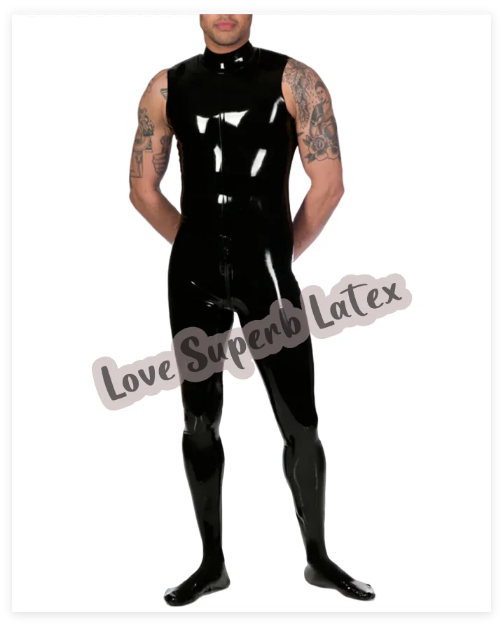 

Men's Latex Bodysuit Tights Sleeveless Rubber Swimsuit Latex Catsuit Back Crotch Zip