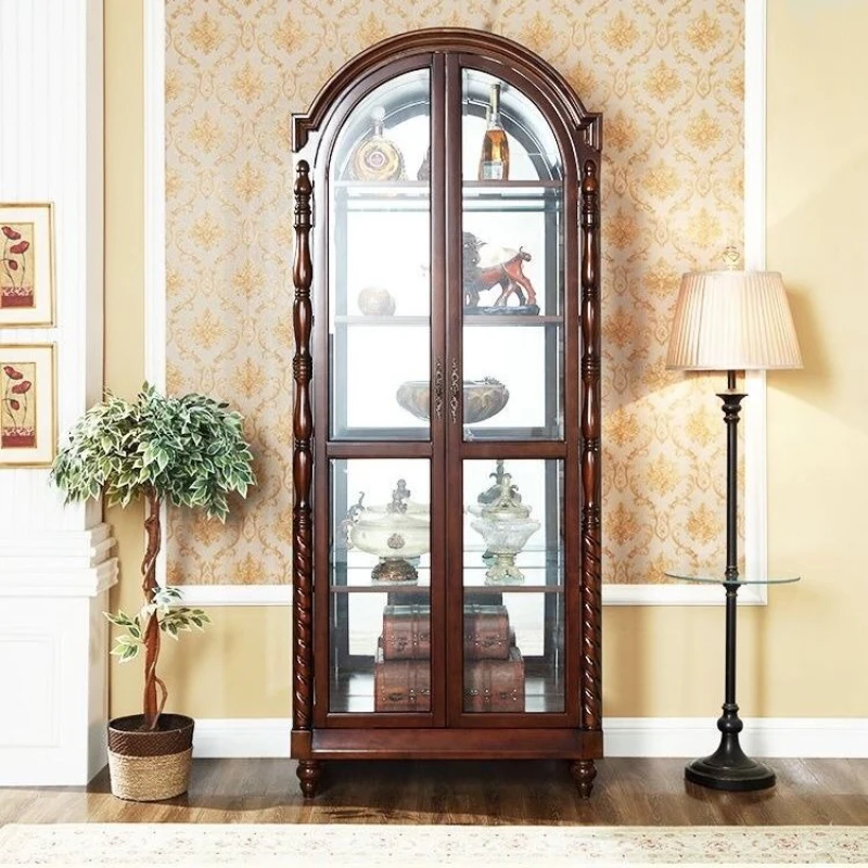

American rural all-solid wood double-door wine cabinet European retro home living room partition modern style glass display