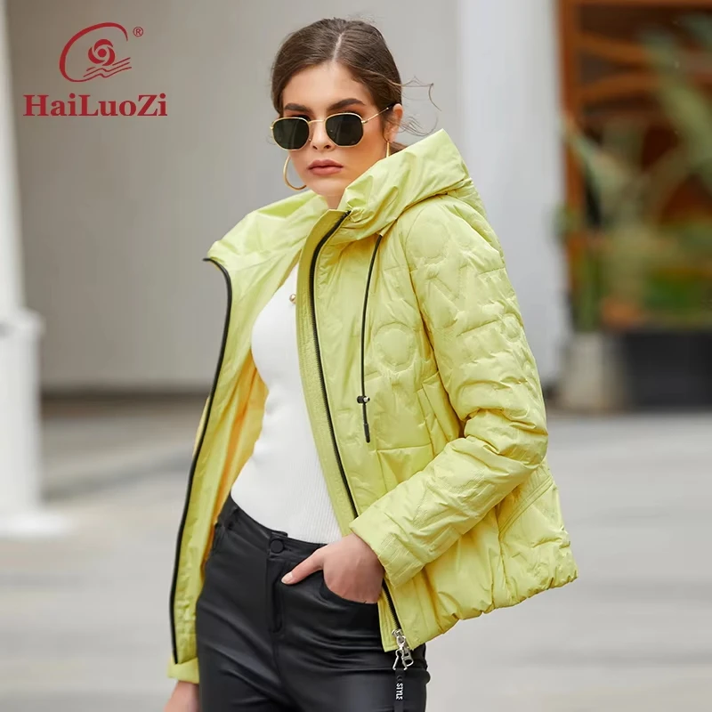 HaiLuoZi New 2023 Spring Fashion Women Coat Short Slim Warm Autumn Jacket Classic Solid Color Bio Cotton Zipper Hood Parkas 7051