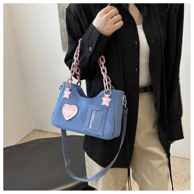 Unique Heart Canvas Shoulder Bag With Chain Strap Elegant Crossbody Bags Underarm Handbag For Daily Use And Travel