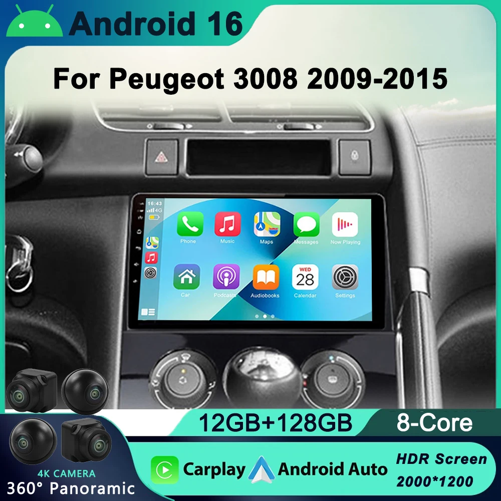 Android 16 Radio de coche 2 Din Android Auto para Peugeot 3008 1 2009 - 2016 reproductor Multimedia pantalla GPS navegación Carplay estéreo