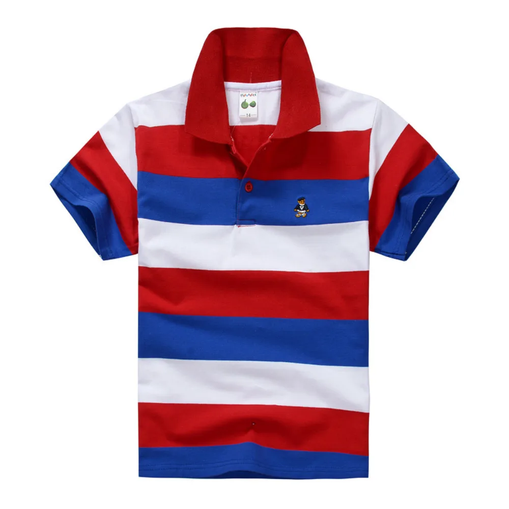 Kids Cotton Breathable Tops Summer Boys Girls Polo Shirts Short Sleeve Lapel Clothes Outwear Stripe Shirt School Uniform