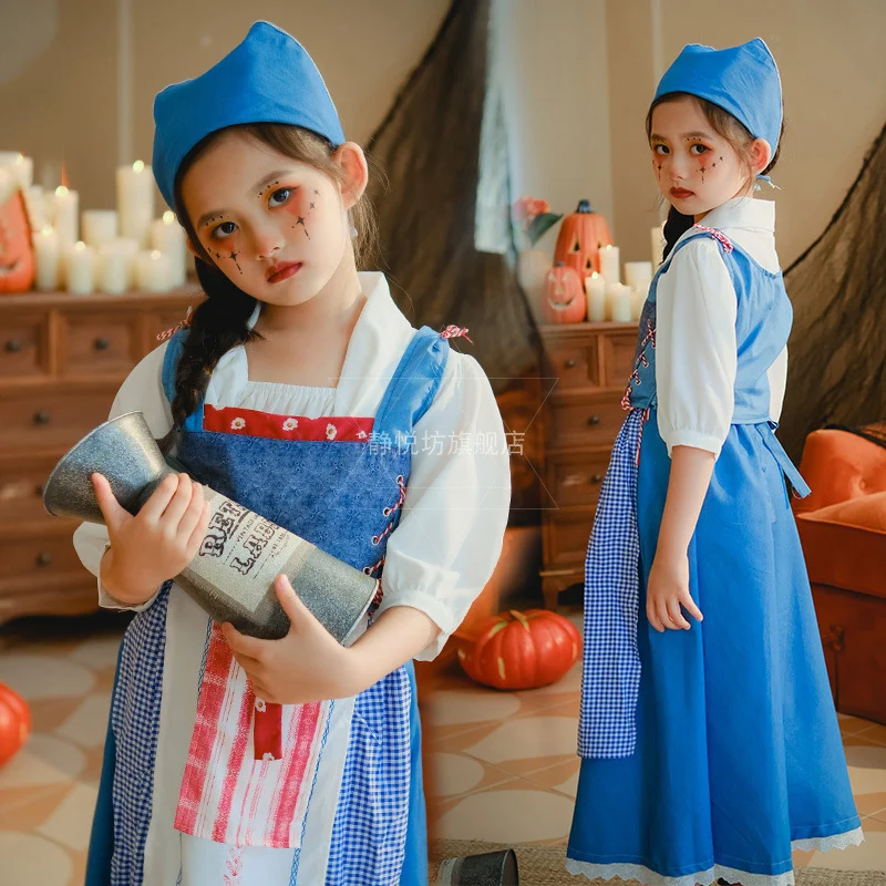 Children's Clothing Pastoral Style Retro Maid Cosplay Dress 5-Piece Medieval French Manor Maid Dress Halloween Costumes Child