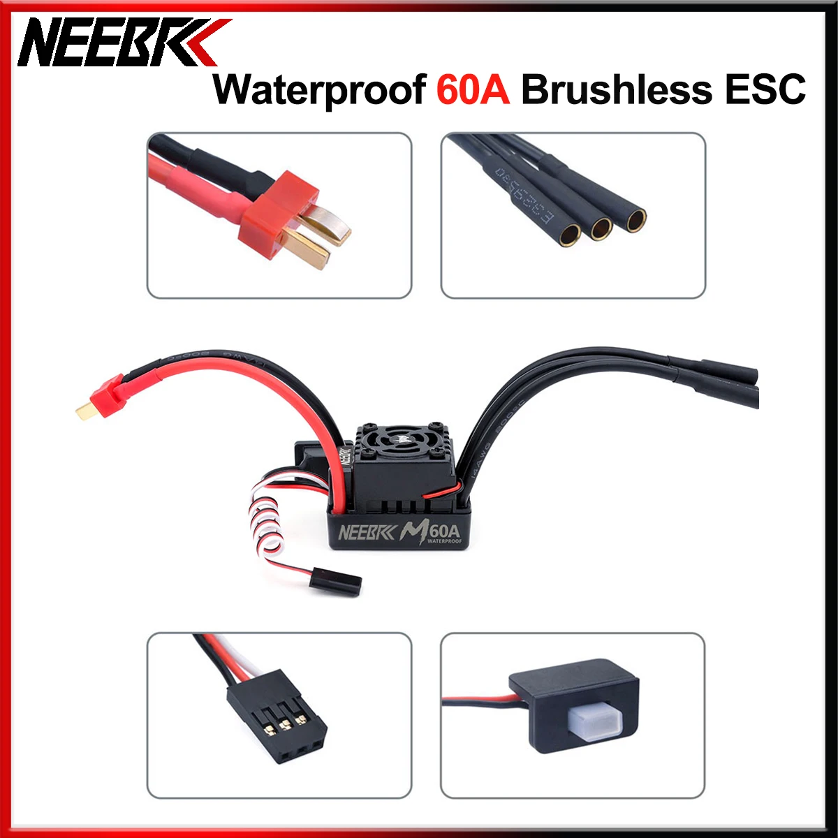 

NEERC 60A ESC Brushless Electronic Speed Controller T Plug XT60 2-3S LiPo Waterproof BEC for Motor 1/10 1/12 RC Car Accesories