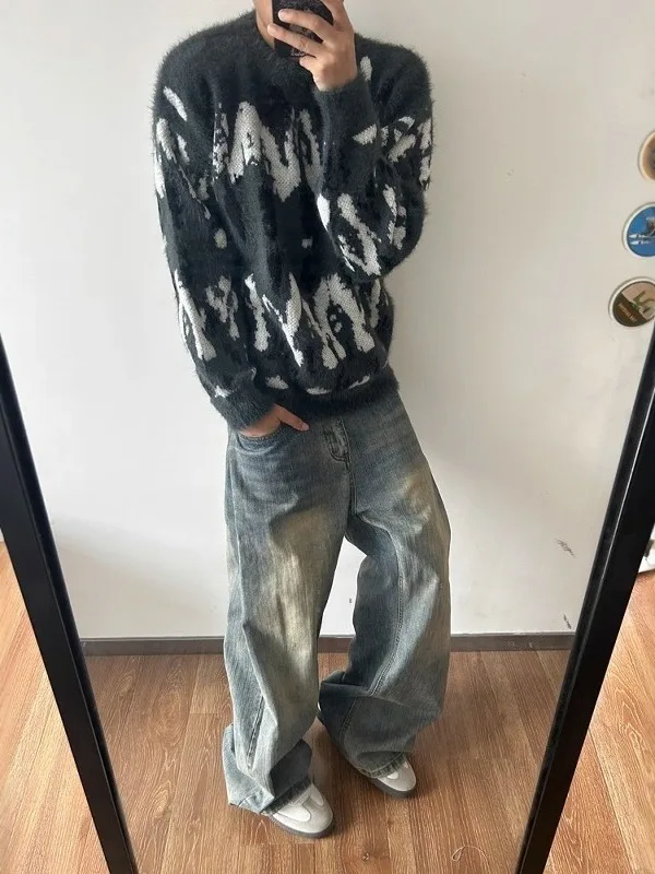 

American Retro Dyed Color Loose Casual Soft Lazy Knitted Sweater Fake Fur Overhead irt for Men And Women Autumn Winter