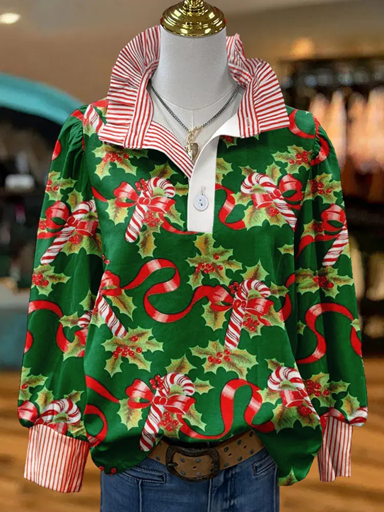 Christmas Candy Canes Print Stripe Puff Sleeve Shirts