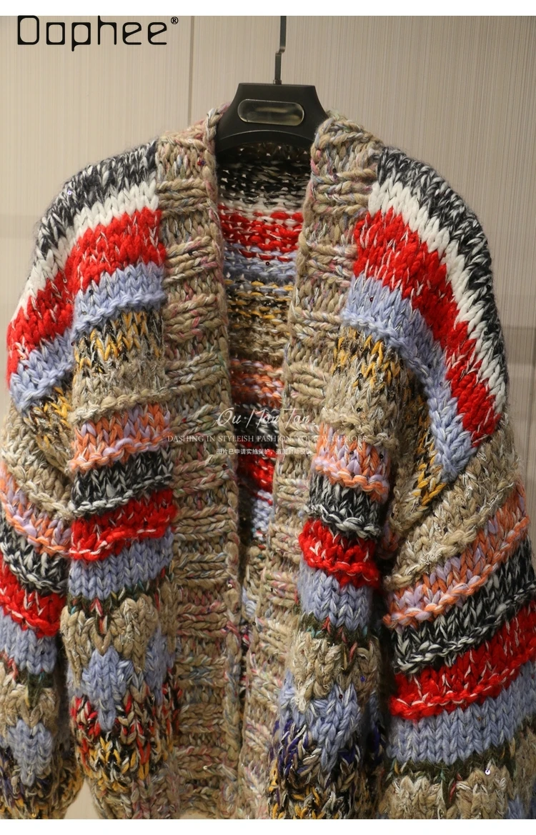 Autumn Winter Fashion Patchwork Striped Knitted Loose Thickened Warm Sweater Commuting Style Trendy Loose Slim Knitted Cardigan