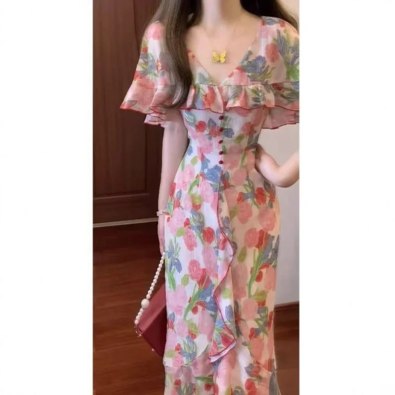 

French Romantic Elegant Retro Ruffled Cape Collar Floral Dress for Women Summer Waist-Slimming Elegant Long Dress