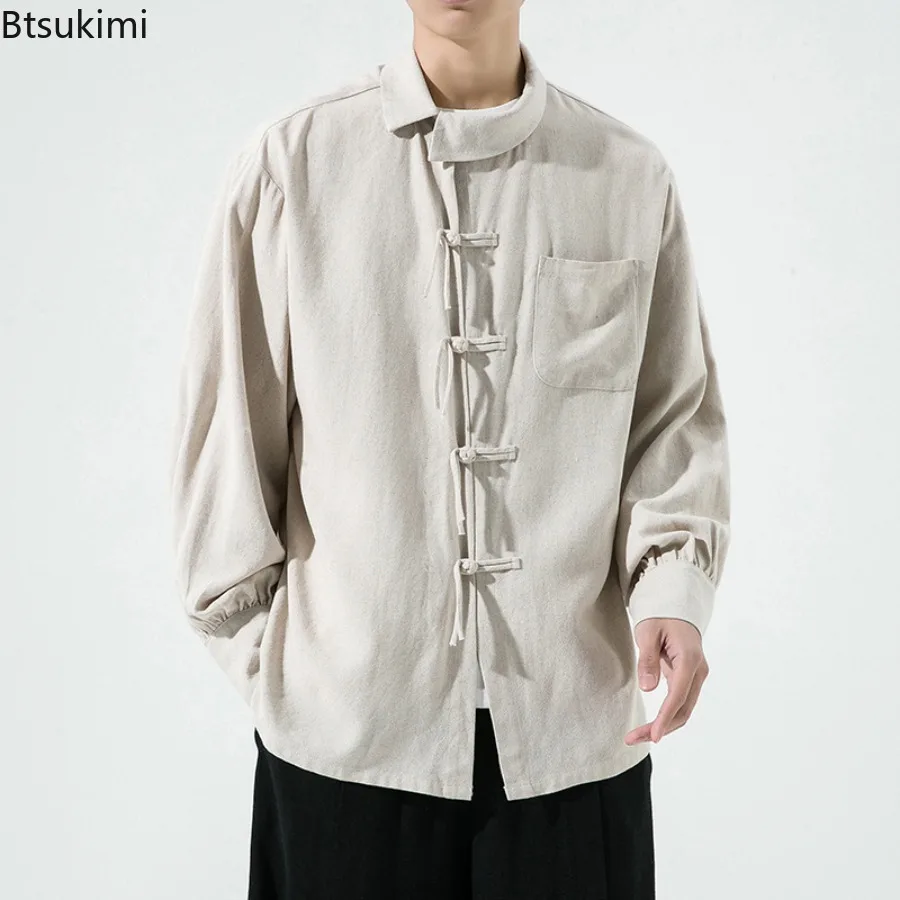 

Spring Autumn Retro Chinese Style Tang Dress Shirt Men's Cotton Linen Loose Casual Shirt Coat Cityboy Streetwear Male Hanfu Tops