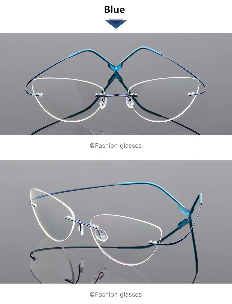 Titan Legierung Randlose Anti Blau Licht Lesebrille Für Frauen Cat Eye Metall Presbyopie Brille HD Augenschutz Leser – Detail 13