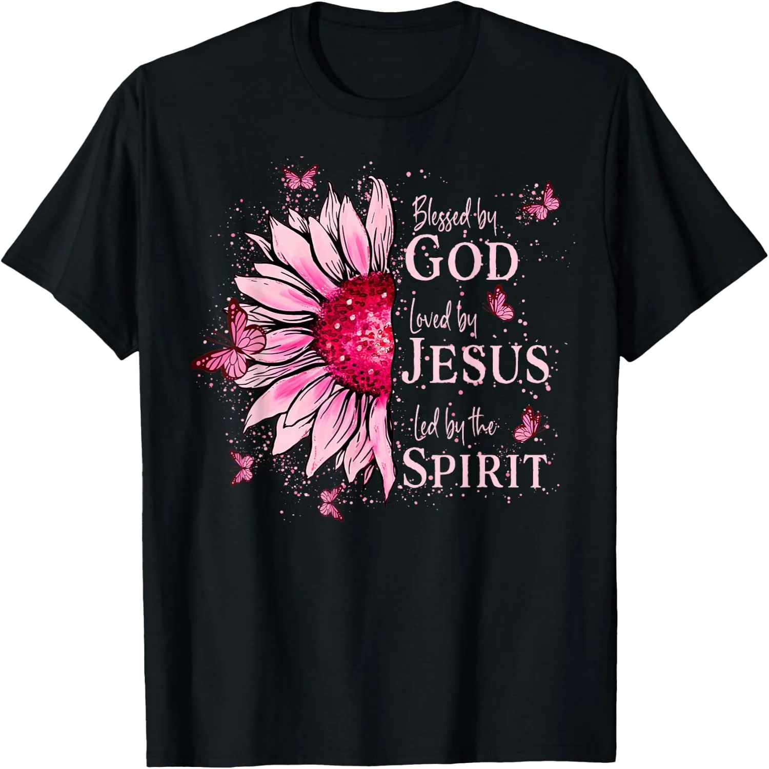 Blessed By God - Loved By Jesus Pink Sunflower T-Shirt graphic tee, unisex, 100% cotton,