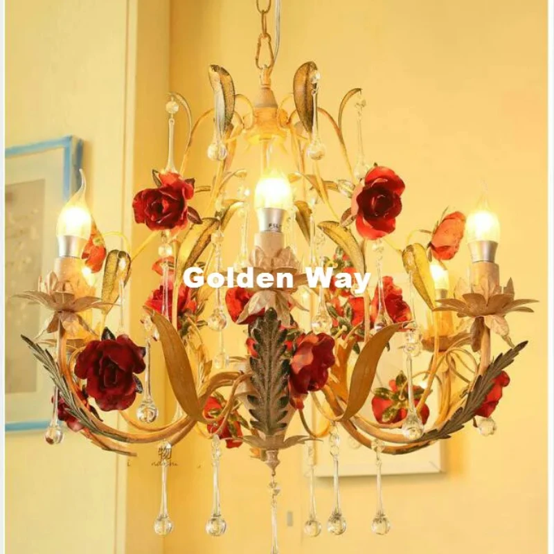 

European Modern Floral Chandelier Lamp Lustre Light 6L Pink Rose Flower Chandelier Light Fixture E14 D55cm Decoration Chandelier