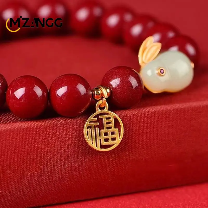 Natural Red Vermilion Jade Rabbit Bracelet Inlaid with Hetian Jade Rabbit Round 8mm Beads String Fashion Jewelry Lady Mom Gift
