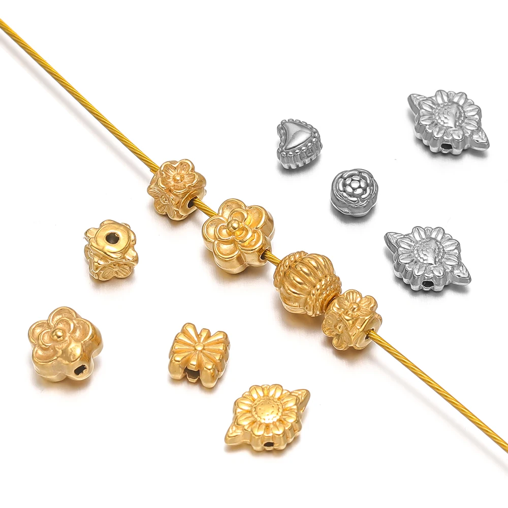 10Pcs Gold Stainless Steel Heart Beads Spacer Flower Bead for DIY Jewelry Accessories Supplies Bracelet Findings Necklace Making