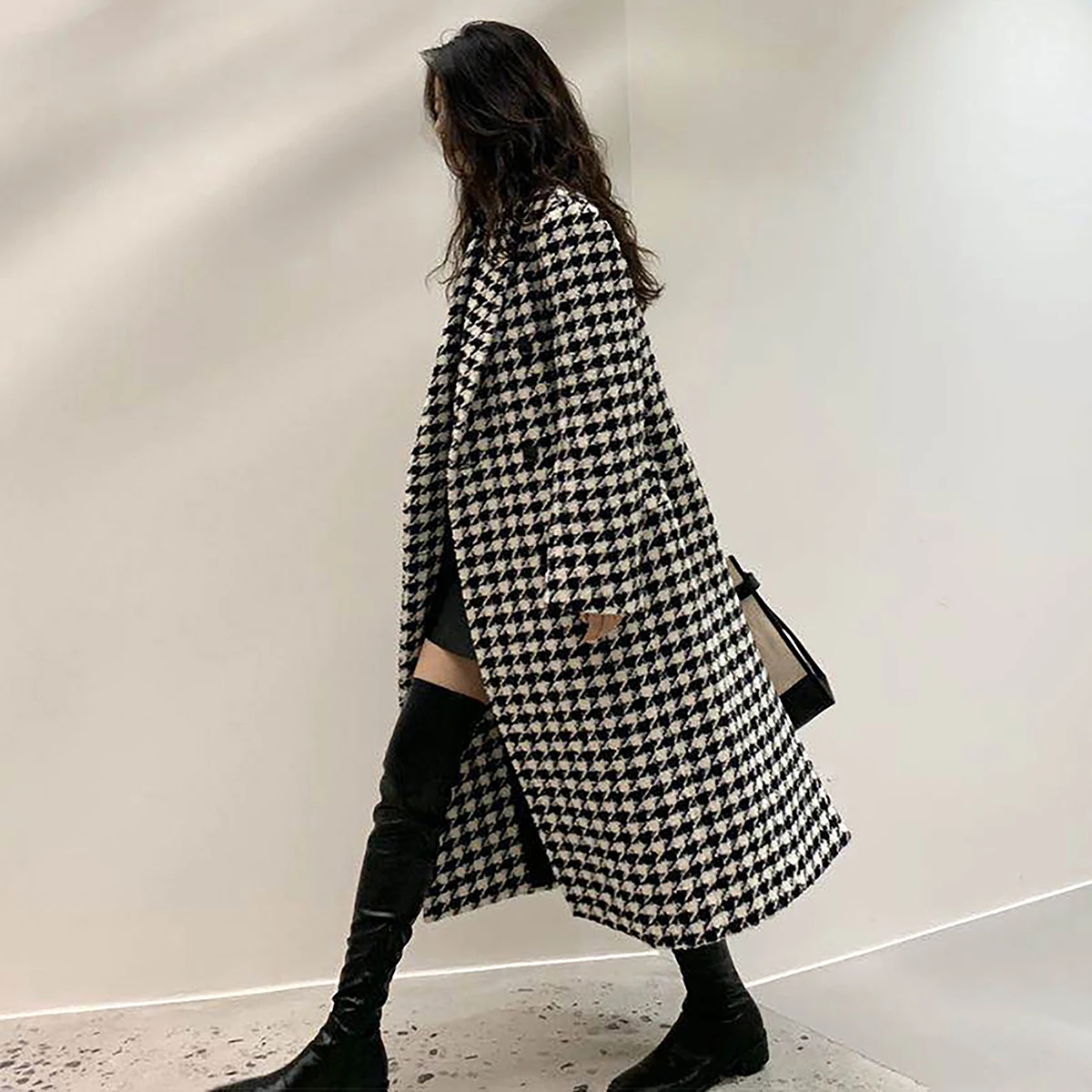 Luxury Winter Autumn Women Long Coat Peak Lapel Houndstooth Overcoat Lady Blazer With Belt Slim Fit Warm Jacket Skirt