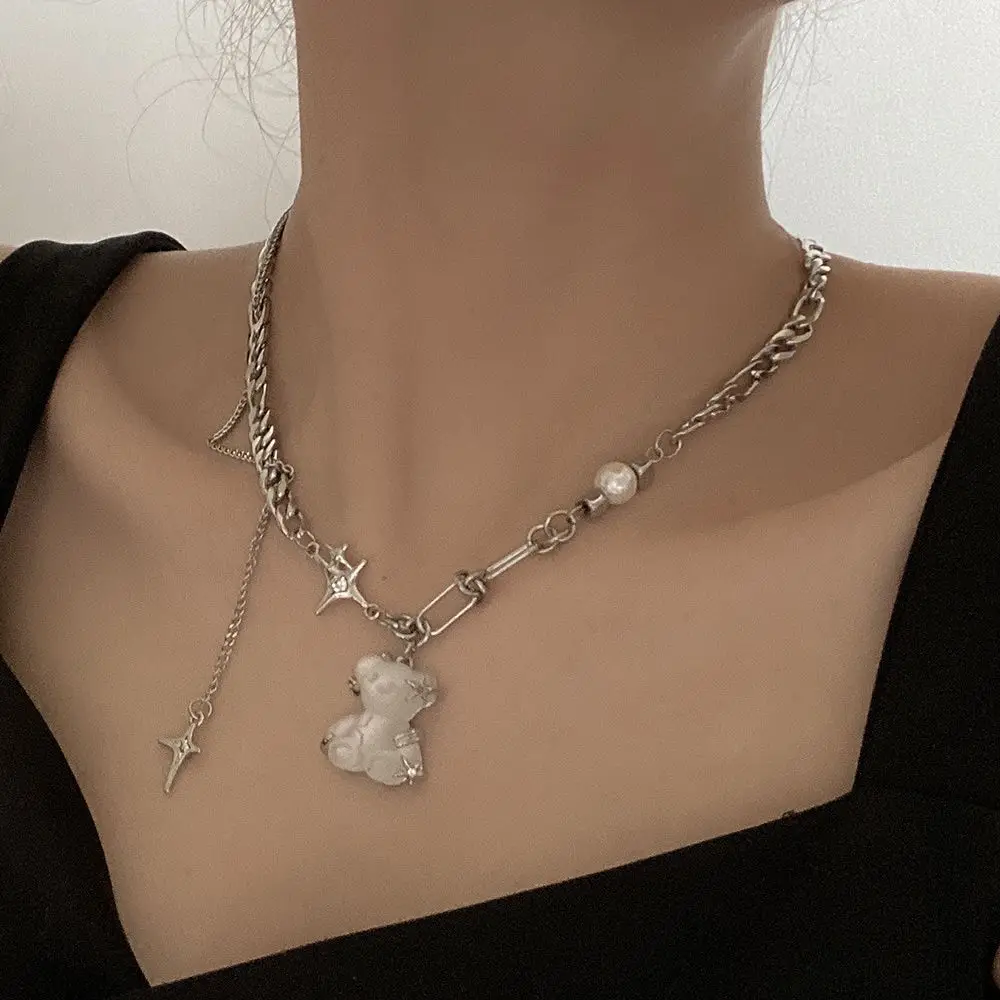 Trendy White Bear Pendant Korean Style Fashion Exquisite Multipurpose Stainless Steel Clavicle Chain for Woman Girl Jewelry