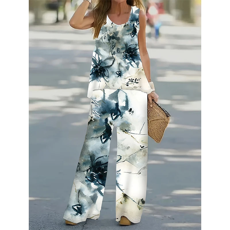 2024 Fashion Women's Set Summer Casual Breathable Refreshing Vest And Pants Printed 3D Flowers Oversized Women's Sleeveless Vest