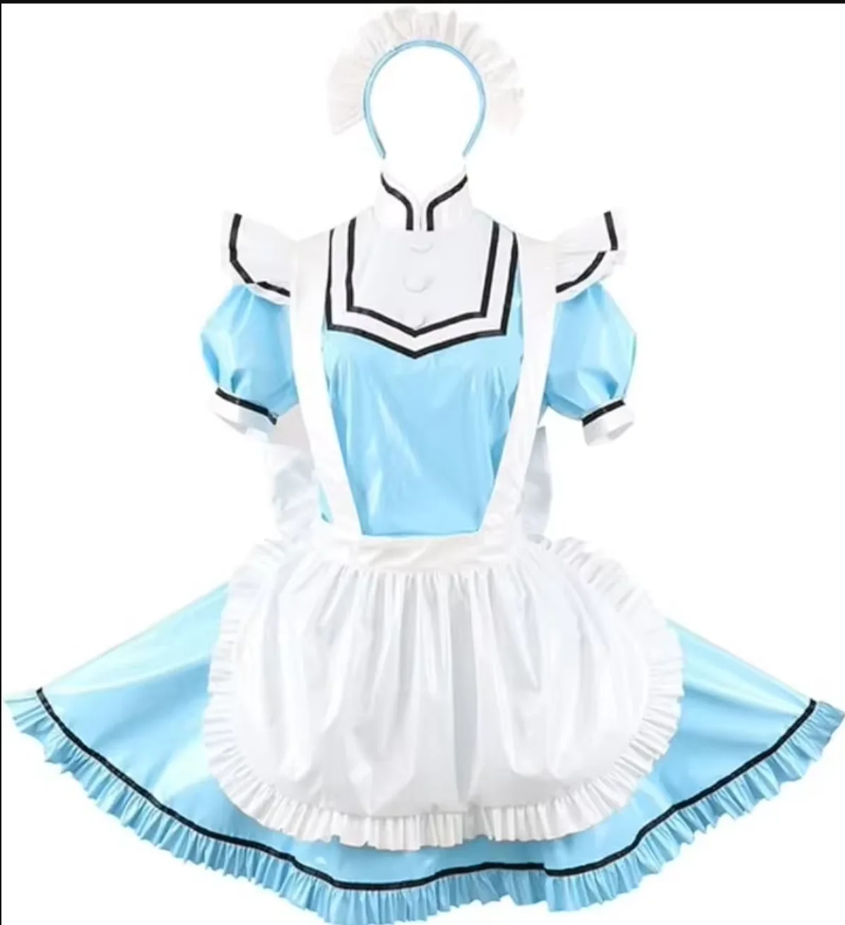 

French Sexy Adult Customized Fetishism Crossdressing Sissy Blue PVC Cross Back Independent Apron Short Sleeve Dress