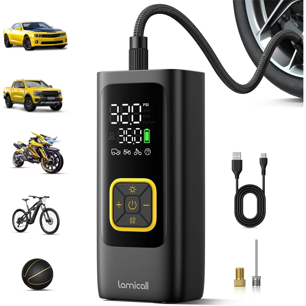 

Portable Tire Inflator 150 PSI Cordless Air Compressor for Car Motorcycle Bike with LED Light and Auto Stop