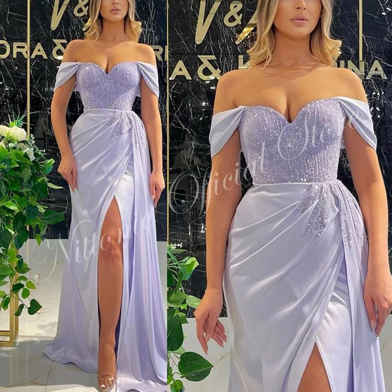 

Lavender Prom Dresses for Woman Sequin Off Shoulder Floor-Length Mermaid Side Slit Formal Party Evening Elegant Gown Customize