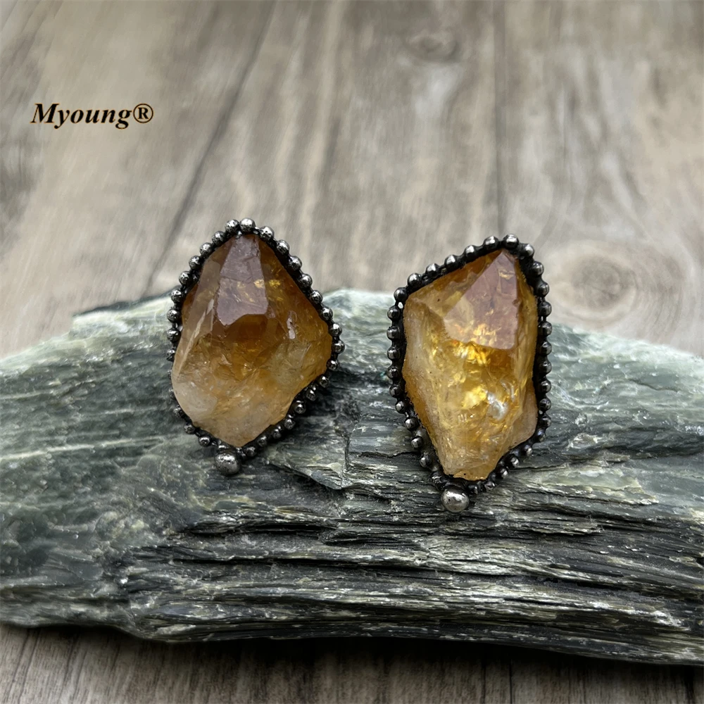 

10PCS Gothic Large Natural Raw Citrines Crystal Quartz Druzy Vintage Ring Goth Witch Wicca Boho Jewelry For Women MY240410