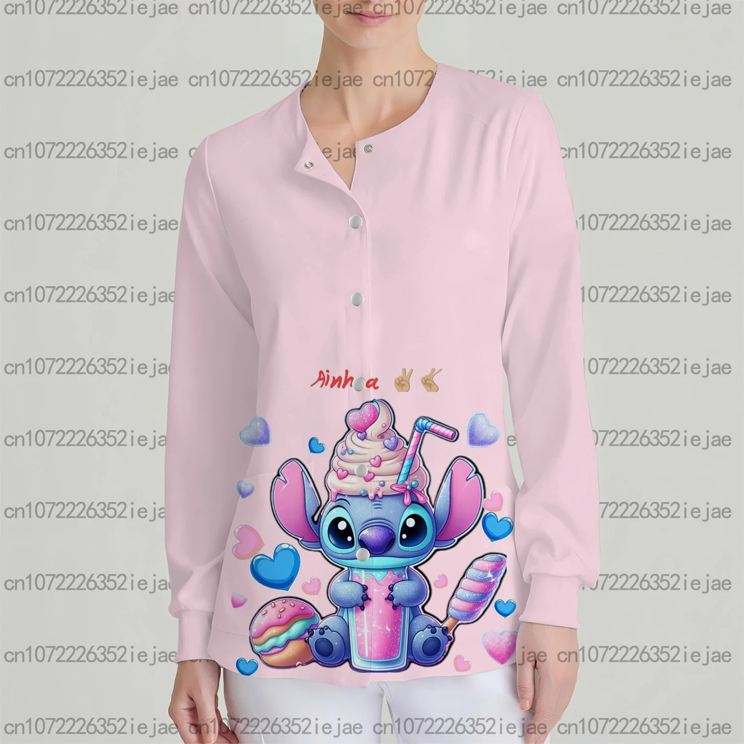 Abrigo de enfermera holgado informal con bolsillo y manga larga con estampado de Stitch de Disney para mujer, ropa de trabajo para dentista, bata quirúrgica, chaqueta exfoliante
