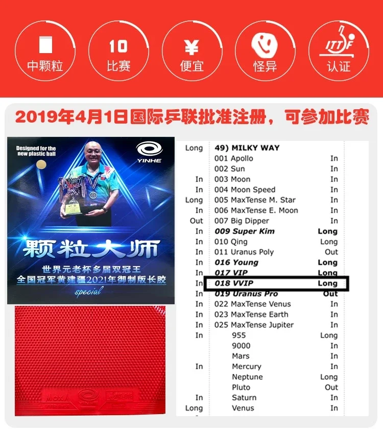YINHE VVIP Maste Langnoppen Tischtennisbelag OX Cured/Uncured Huang Jianjiang Mittlere Noppen Tischtennisbelag ITTF-zugelassen – Detail 4