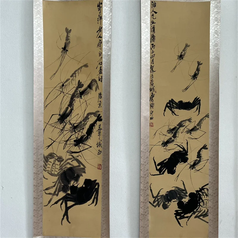 Collection of Chinese Scroll Four Couplet Mural Famous hand drawn artists Paintings Qi Baishi's Fish, Frog, Shrimp, and Crab