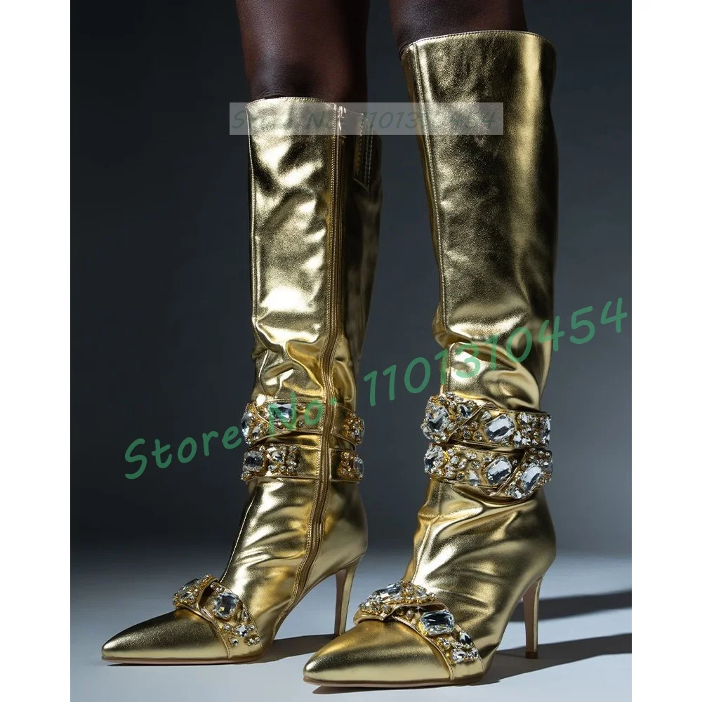 

Gems Wrap Gold Metallic Boots Women Shiny Leather Pointy Side Zipper Boots Luxury Party High Heels Ladies Stage Sexy Dress Shoes