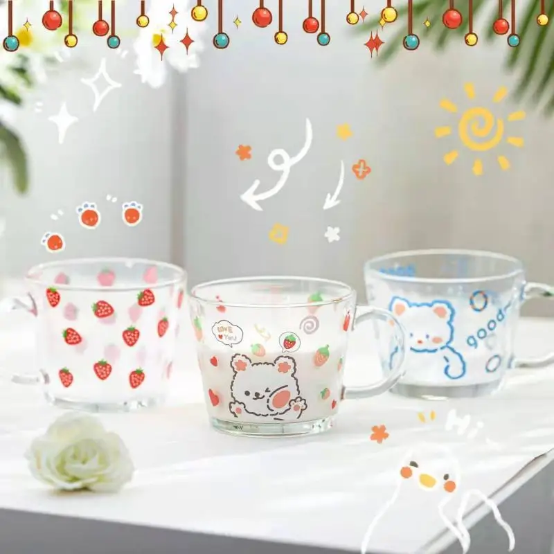 Kawaii Chibi Maruko-Chan Glass Cup with Handle Cartoon Transparent Water Cup Juice Tea Coffee Milk Cup Glass Mugs Drinkware Gift