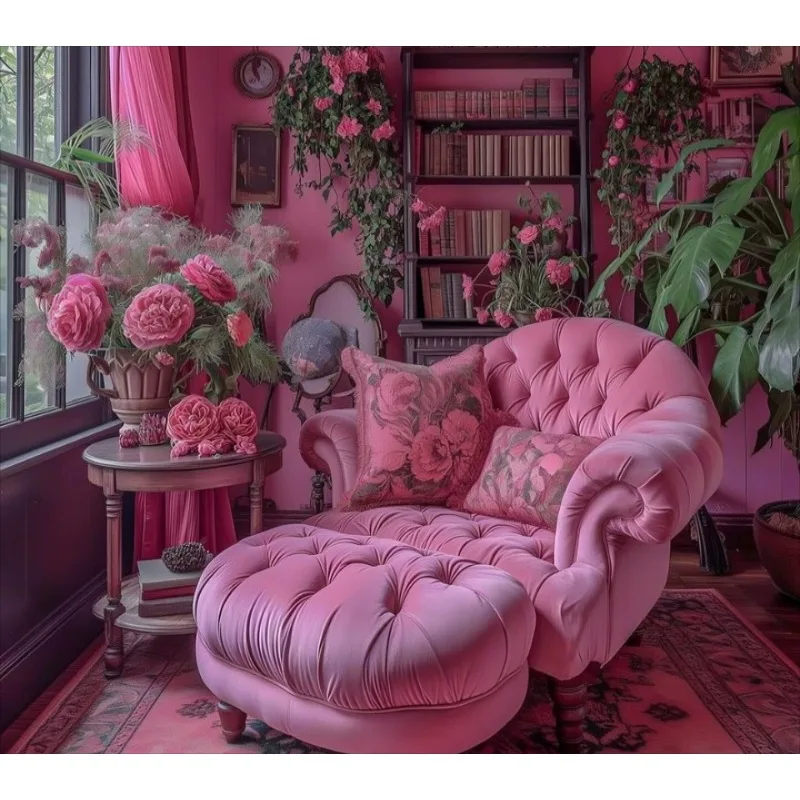 Victoria Pink Velvet Single Sofa Chair, Vintage European Hotel Living Room Bedroom Leisure Chair Clothing Store