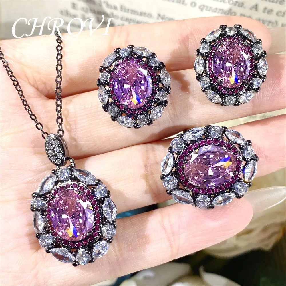 New 925 Sterling Silver Fashion Pendant Vintage High-End Dried Rose Pink Diamond Ice Flower Cut Ring Set for Women, jewelry set