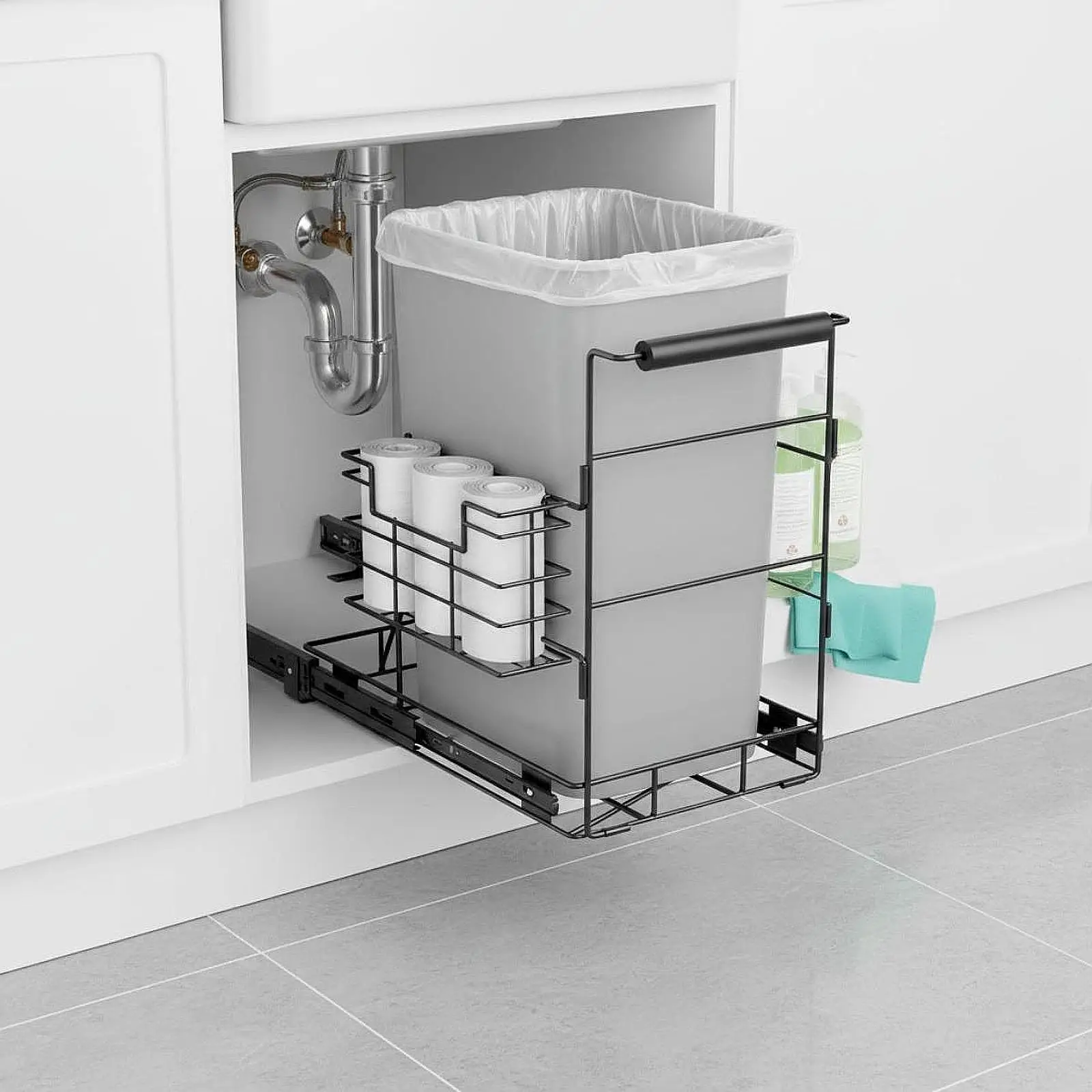 Pull Out Trash Can Drawer Accessory Smooth Slide Rails Space Saving Under Cabinet for Kitchen