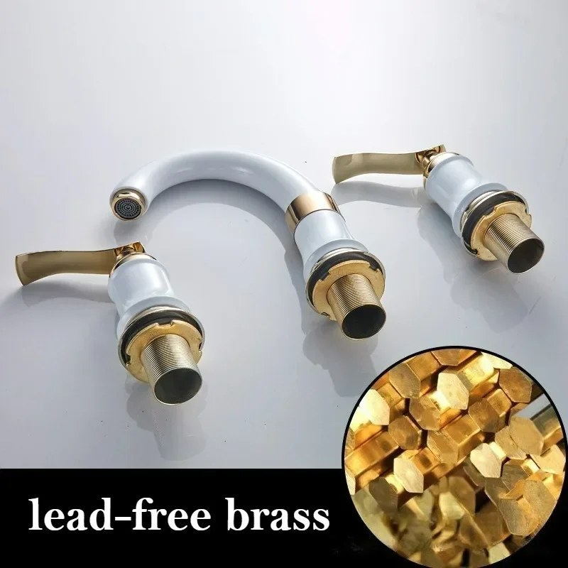 

Rose Gold Bathroom Faucet Brass 3 Hole Sink Tap Antique Style Hot And Cold Water Basin Faucet White Finish