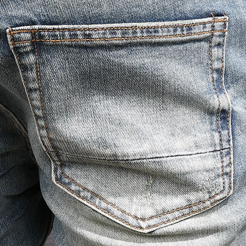 High Street Fashion Men Jeans Retro Washed Blue Stretch Slim Fit Hole Ripped Jeans Men Patched Designer Vintage Denim Pants